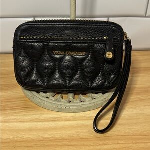 Vera Bradley Quilted Sophie Wristlet Genuine Leather Black W/ Floral Lining